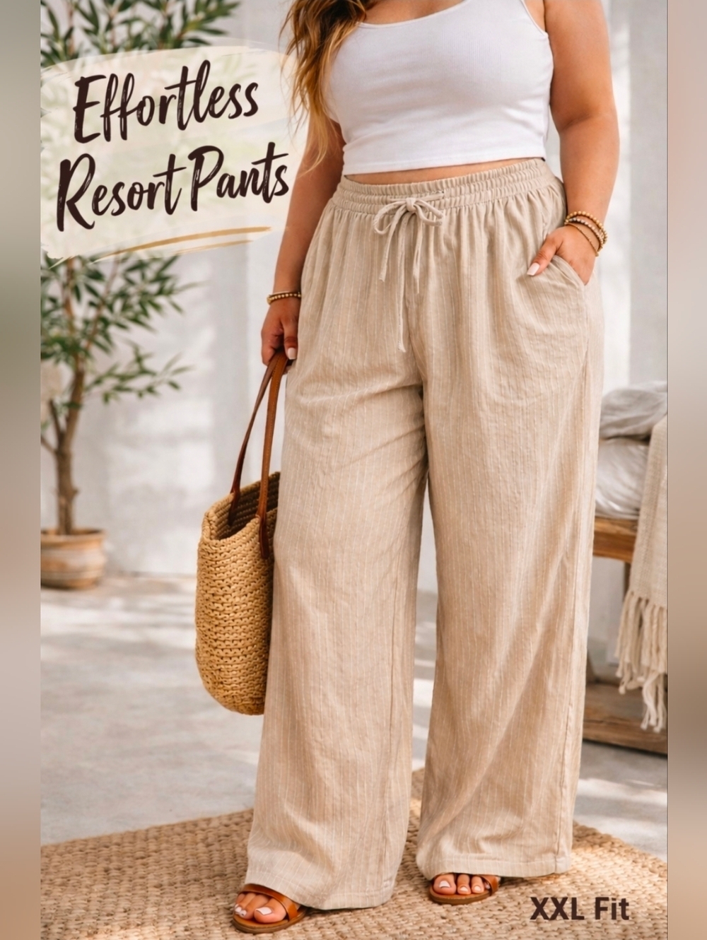 Effortless Resort Linen-Cotton Blend Wide-Leg Pants - Beige